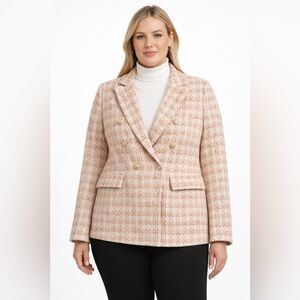 Rachel Zoe XL Coral Blush Plaid Tweed Double-Breasted Blazer